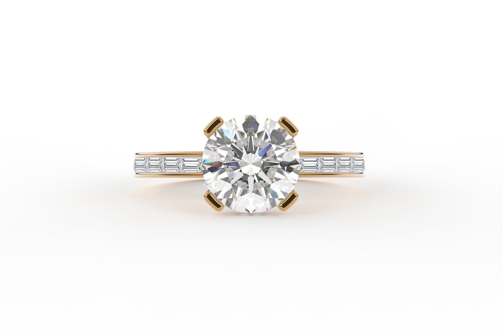 Four Prong Baguette Diamond Side Hidden Halo Low Profile Lab Diamond Ring - S. Kind & Co