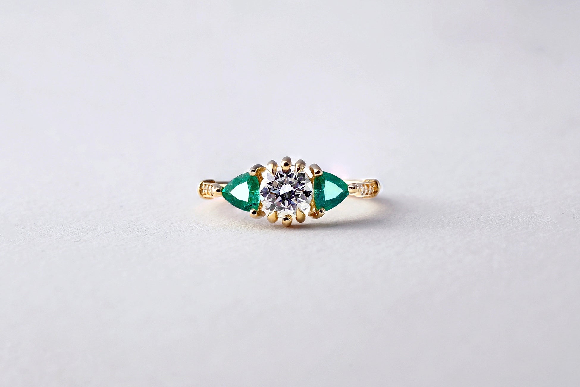 Three Stone Vintage Diamond and Emerald Ring - S. Kind & Co