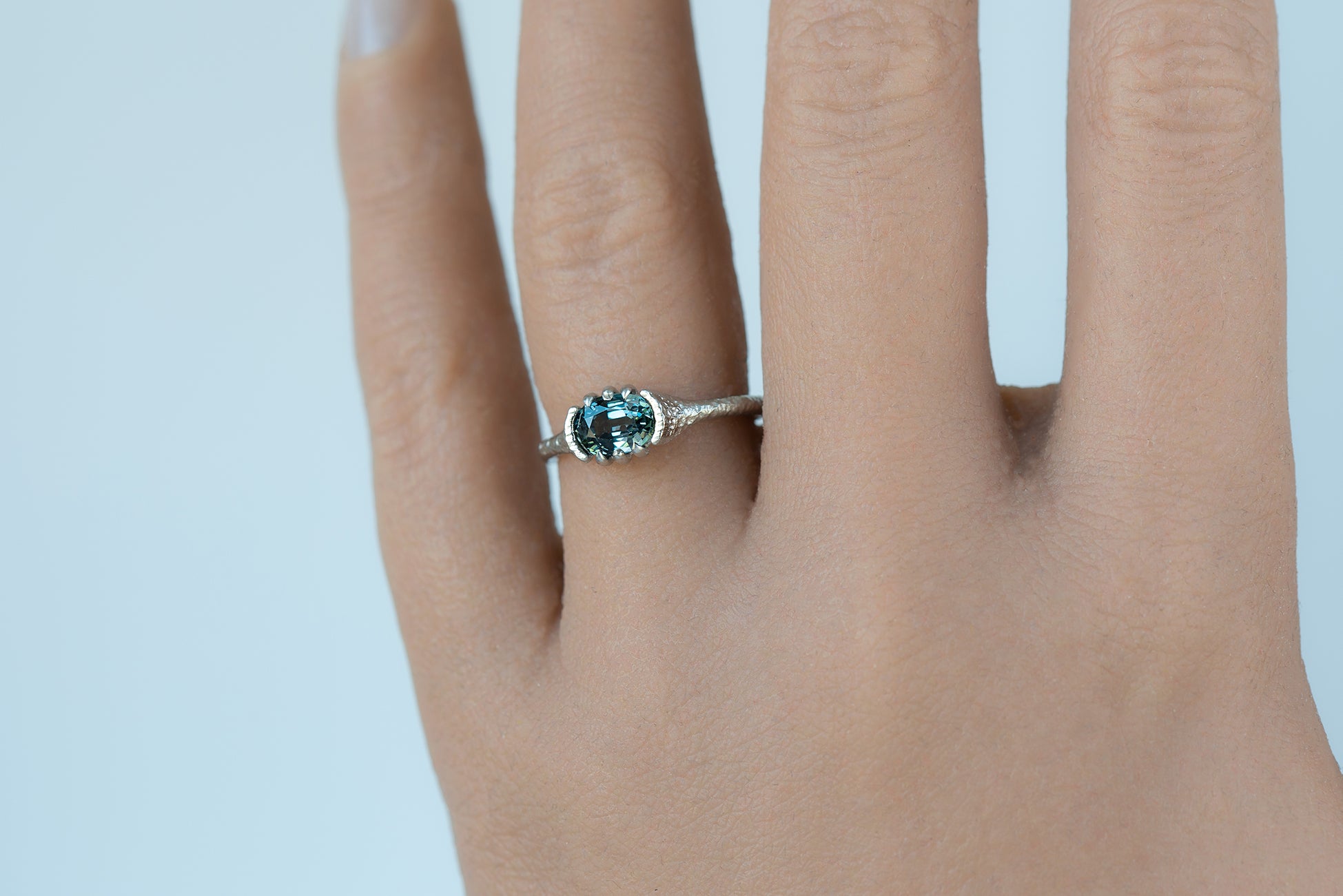 Hammered Recycled Platinum Organic Teal Untreated Montana Sapphire Ring - S. Kind & Co