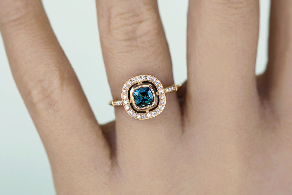 Craftsmen Cushion Cut Australian Teal Sapphire Halo Ring S. Kind Co