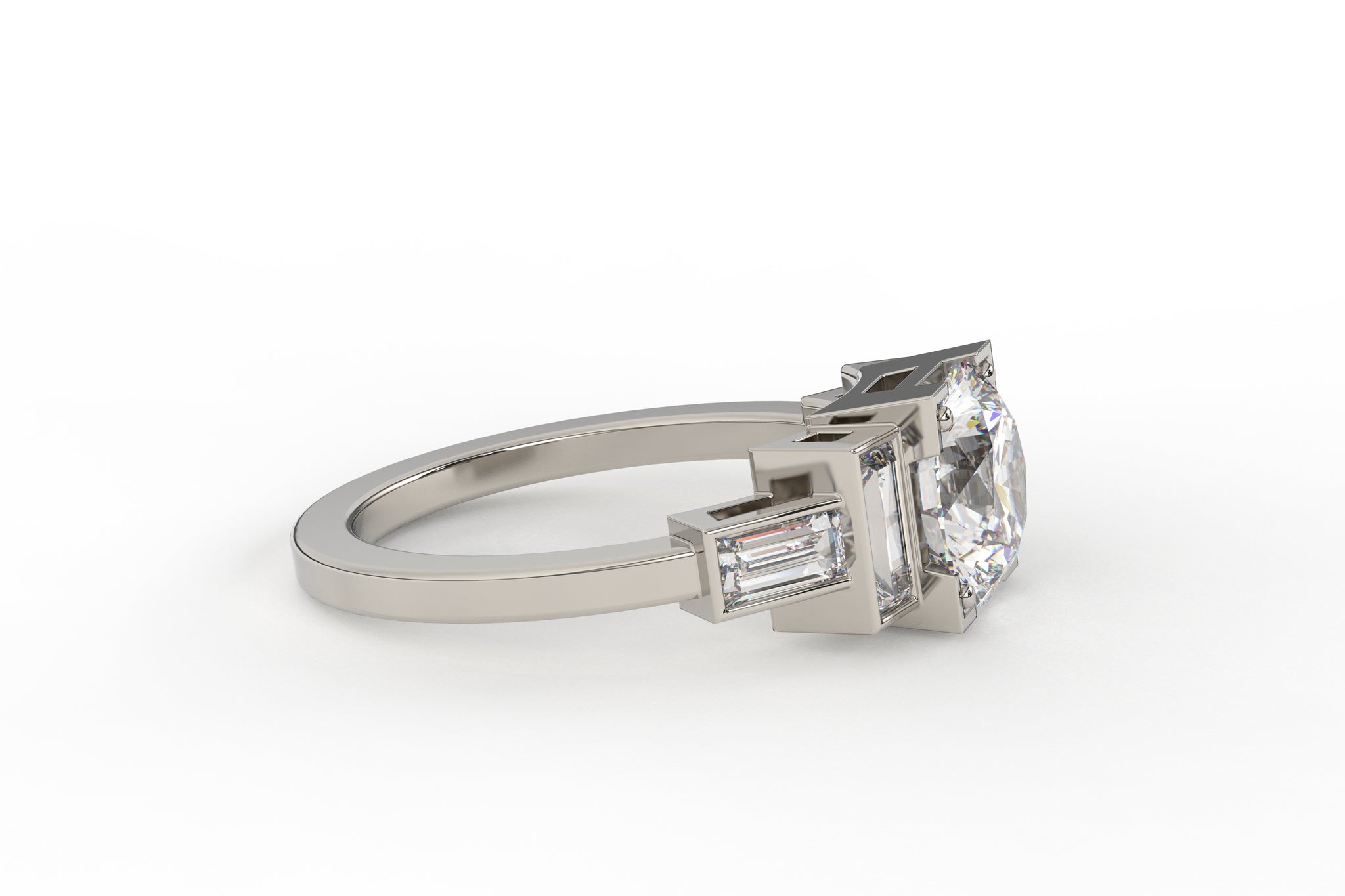 Square Head Art Deco Five Stone Diamond Side Lab Low Profile Diamond Ring - S. Kind & Co