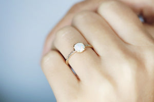 Opal Solitaire Ring with Pavé Vintage Diamond Band - S. Kind & Co