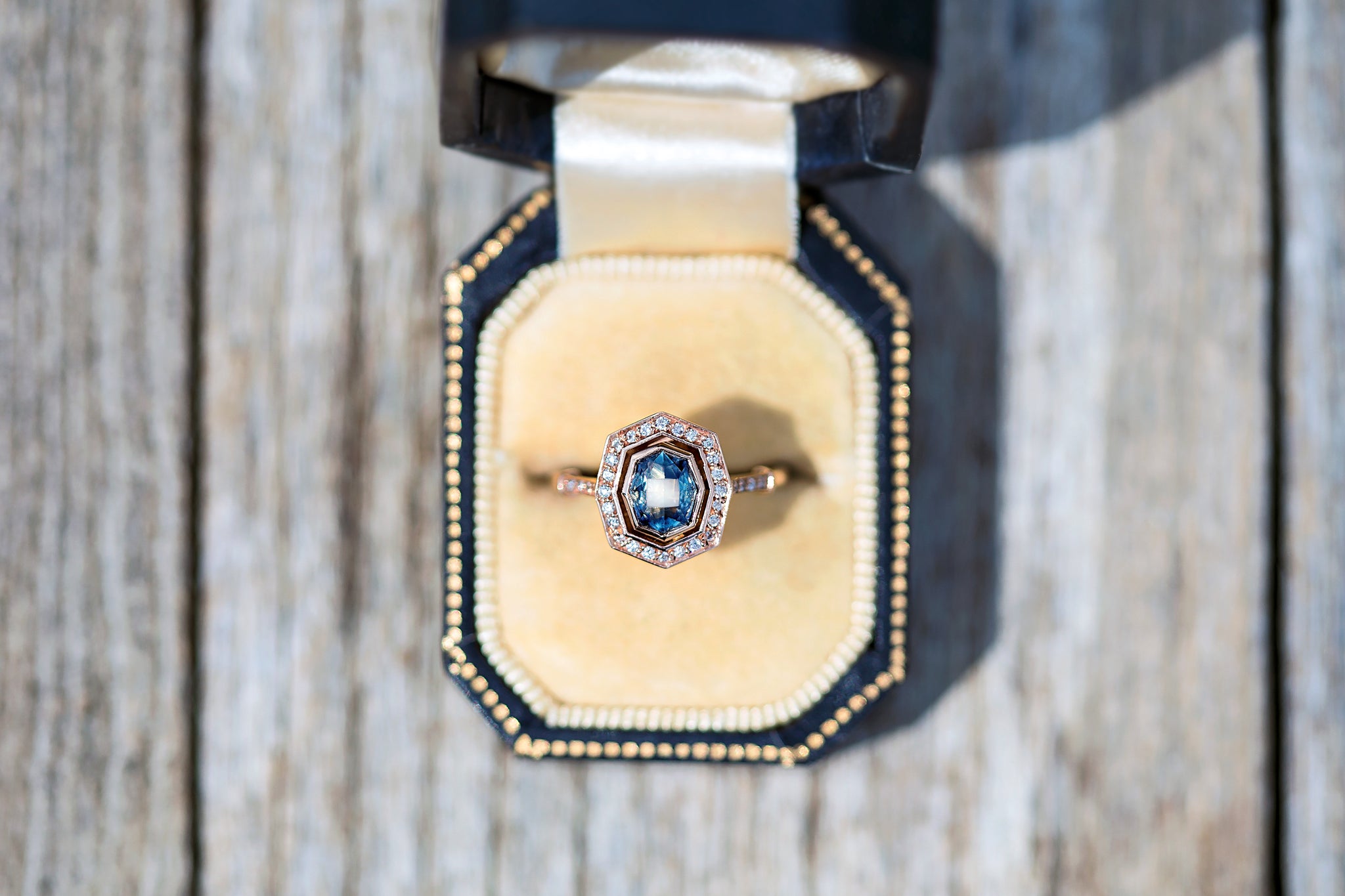 Octagonal Blue Montana Sapphire Deco Diamond Frame Ring - S. Kind & Co