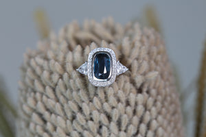 Cushion Cut Untreated Montana Sapphire and Diamond Trillion Ring - S. Kind & Co