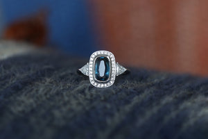 Cushion Cut Untreated Montana Sapphire and Diamond Trillion Ring - S. Kind & Co