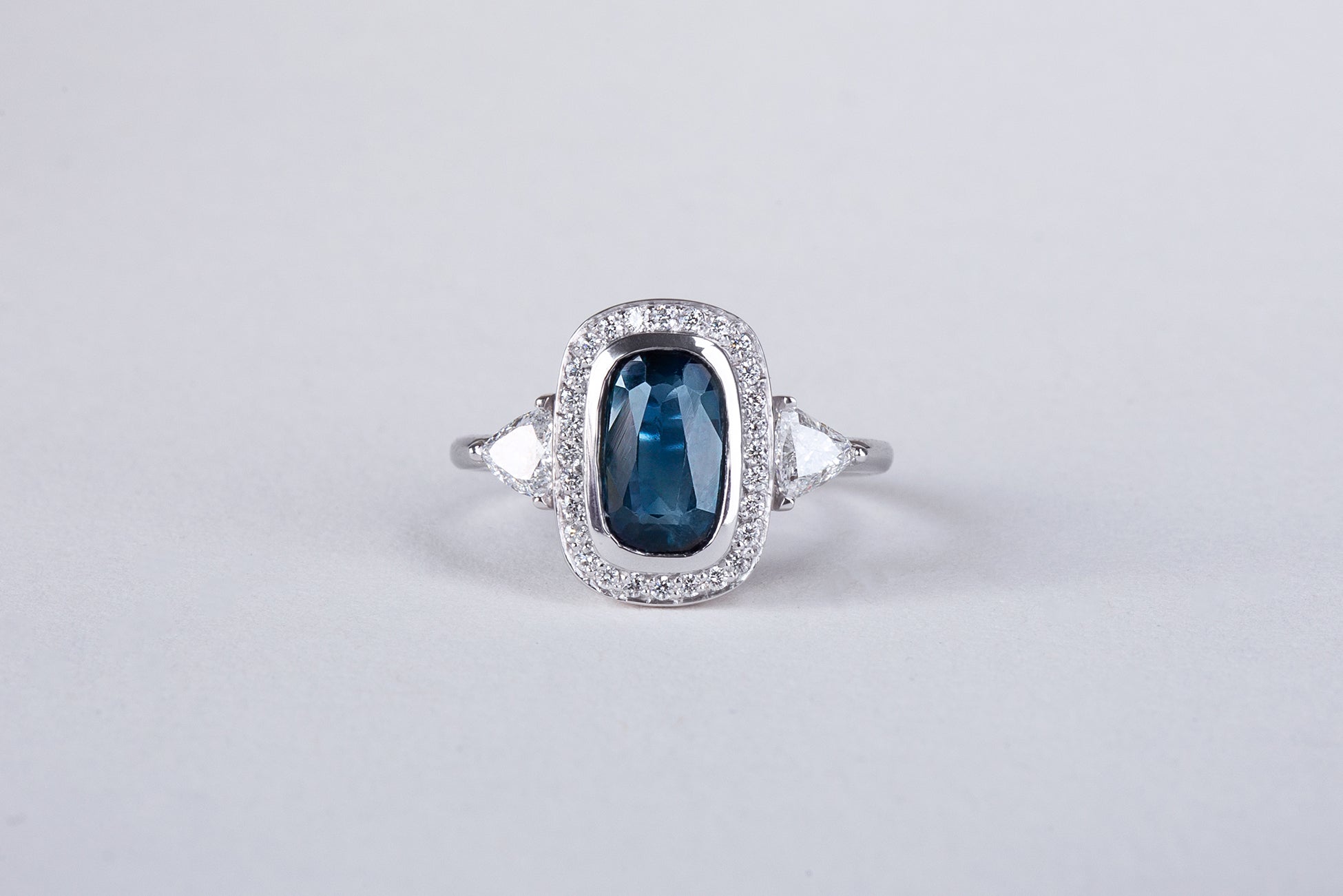Cushion Cut Untreated Montana Sapphire and Diamond Trillion Ring - S. Kind & Co