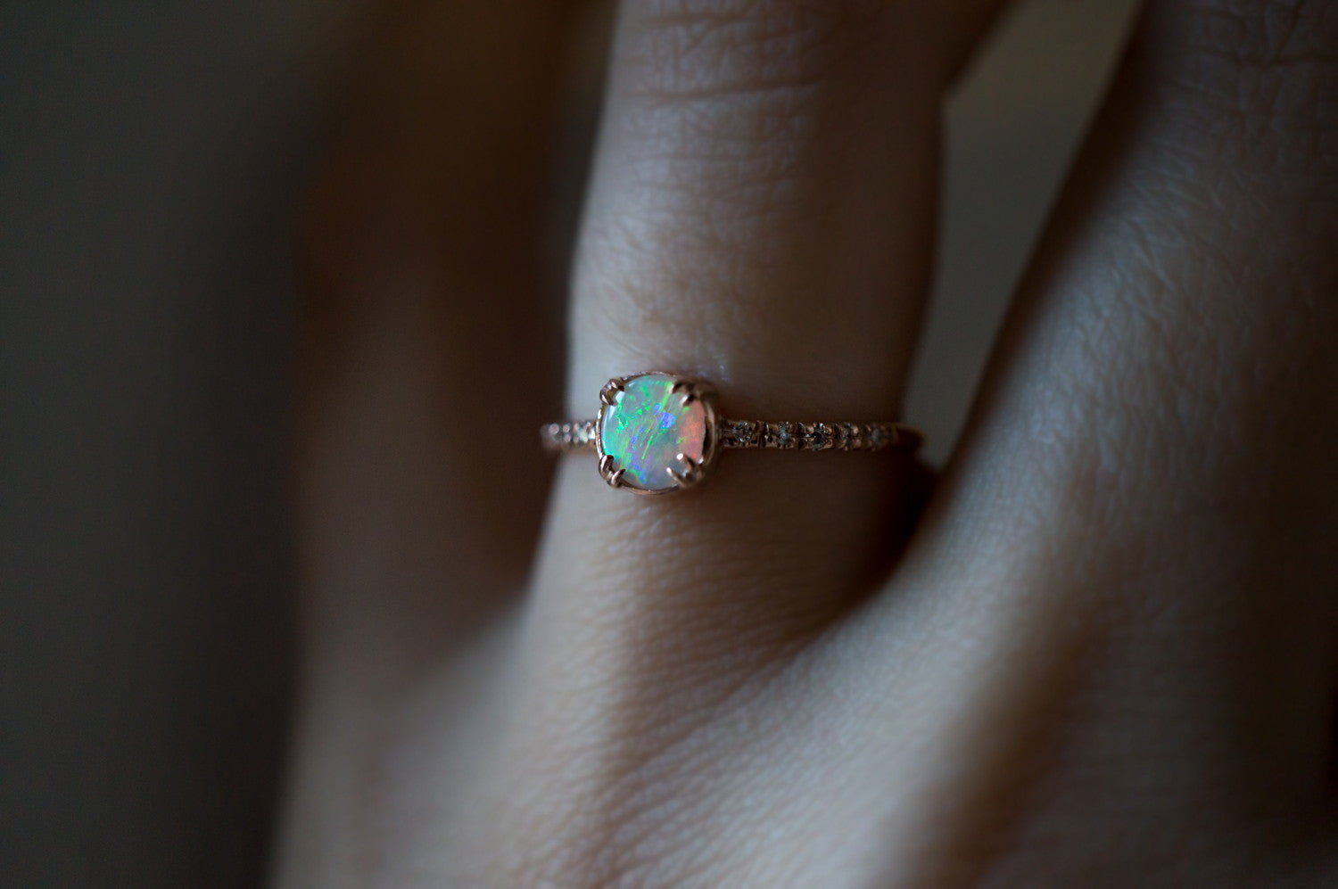Brushstroke Opal Solitaire Ring with Pavé Band & Secret Diamond - S. Kind & Co