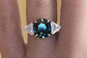 Australian Teal Sapphire and Post-Consumer Shield Diamond Three Stone Ring - S. Kind & Co