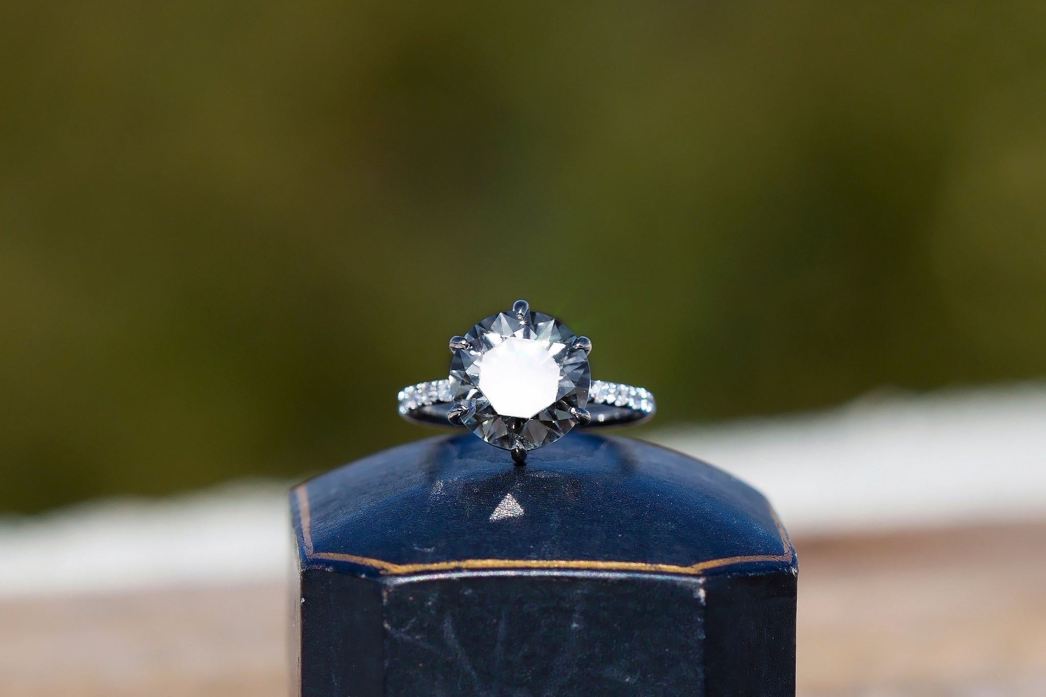 Grey Moissanite and Vintage Diamond Collet Ring - S. Kind & Co