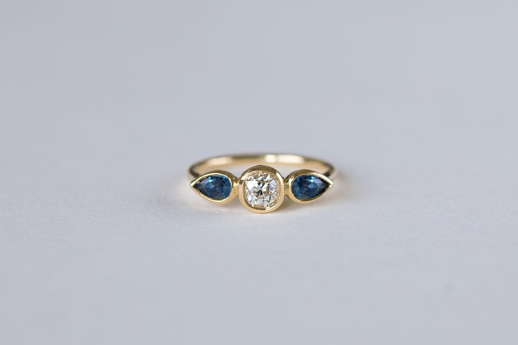 Old Mine Cut Antique Diamond and Montana Sapphire Hope Ring - S. Kind & Co