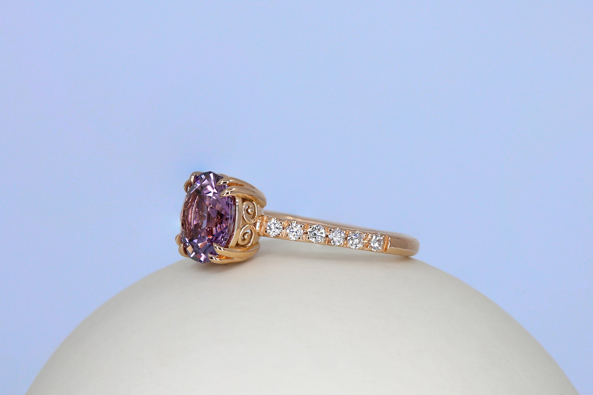 Purple and Pink Spinel Scroll Solitaire Engagement Ring - S. Kind & Co