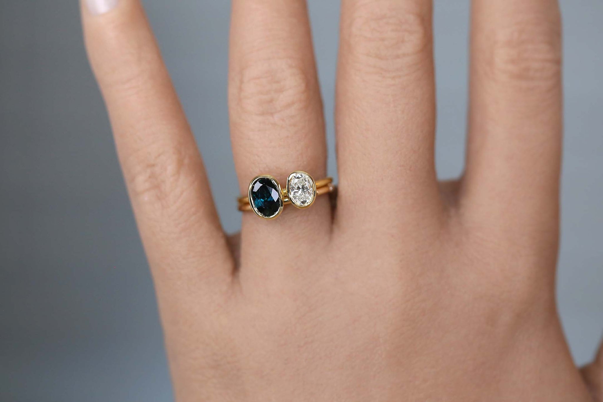 Minimal Oval Sapphire and Diamond Toi Et Moi Ring - S. Kind & Co