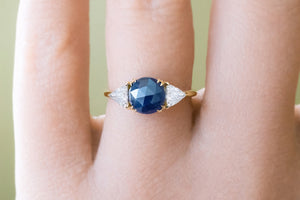 Rose Cut Sapphire & Trillion Diamond Three Stone Ring - S. Kind & Co