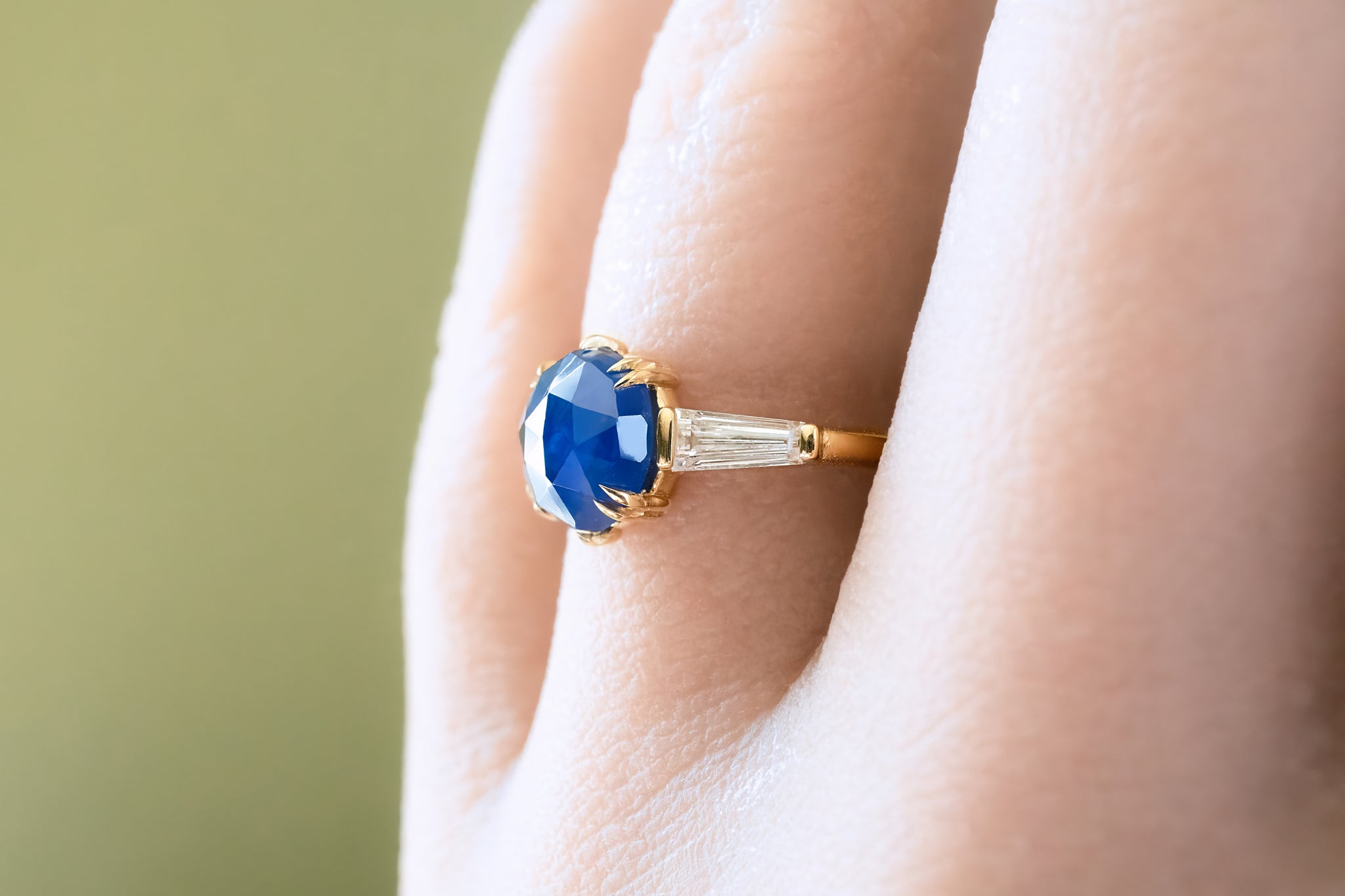 Rose Cut Sapphire & Baguette Diamonds Three Stone Ring - S. Kind & Co