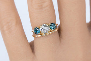 Rose Cut Diamond & Teal Montana Sapphire Three Stone Ring - S. Kind & Co