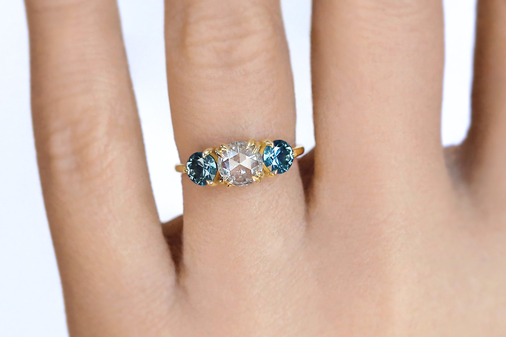 Rose Cut Diamond & Teal Montana Sapphire Three Stone Ring - S. Kind & Co