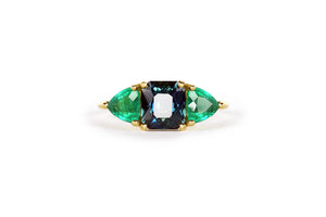 Untreated Natural Sapphire & Emerald Sarnen Three Stone Ring - S. Kind & Co