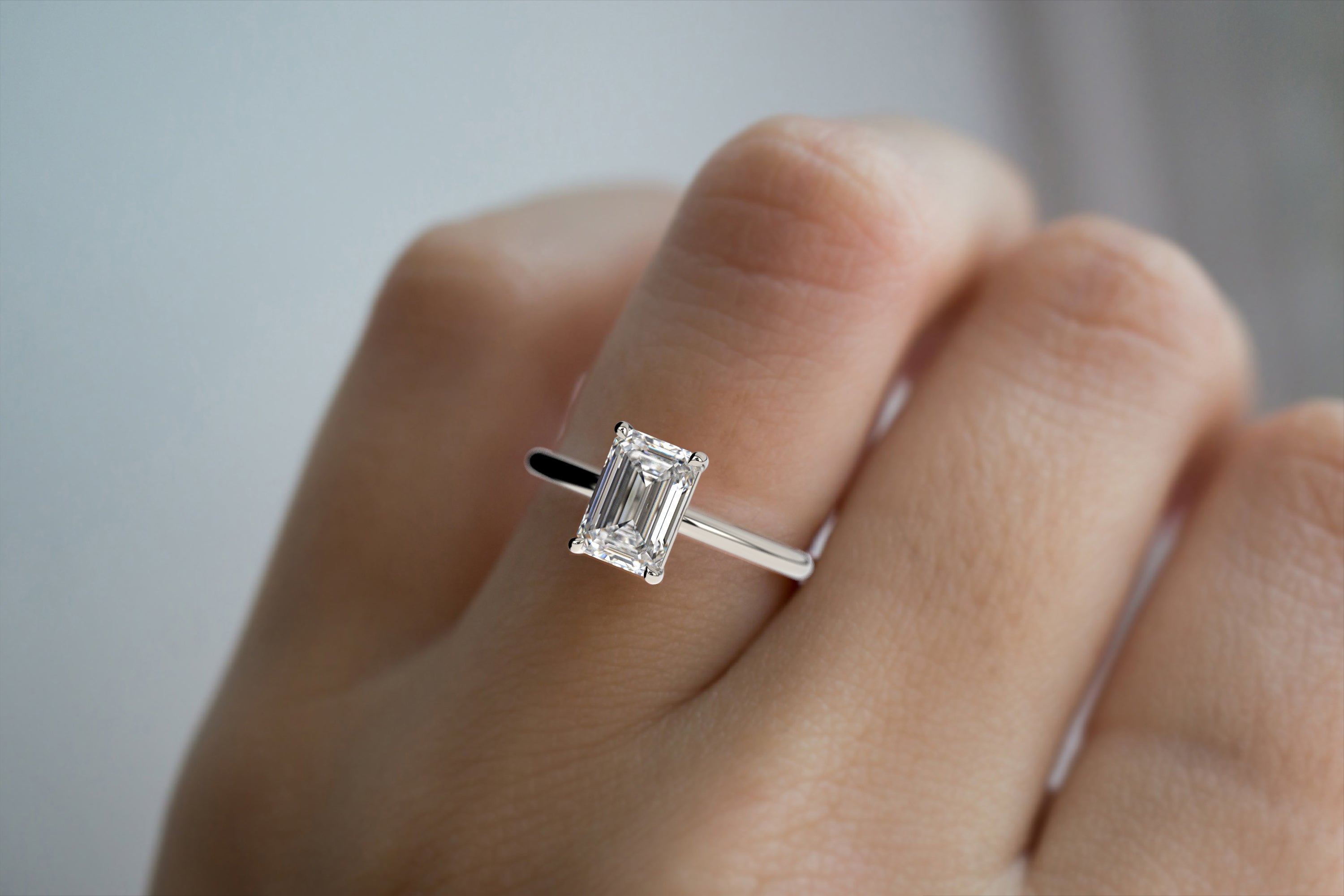 Ultra Thin Emerald Cut Solitaire Engagement Ring Setting with Hidden Halo