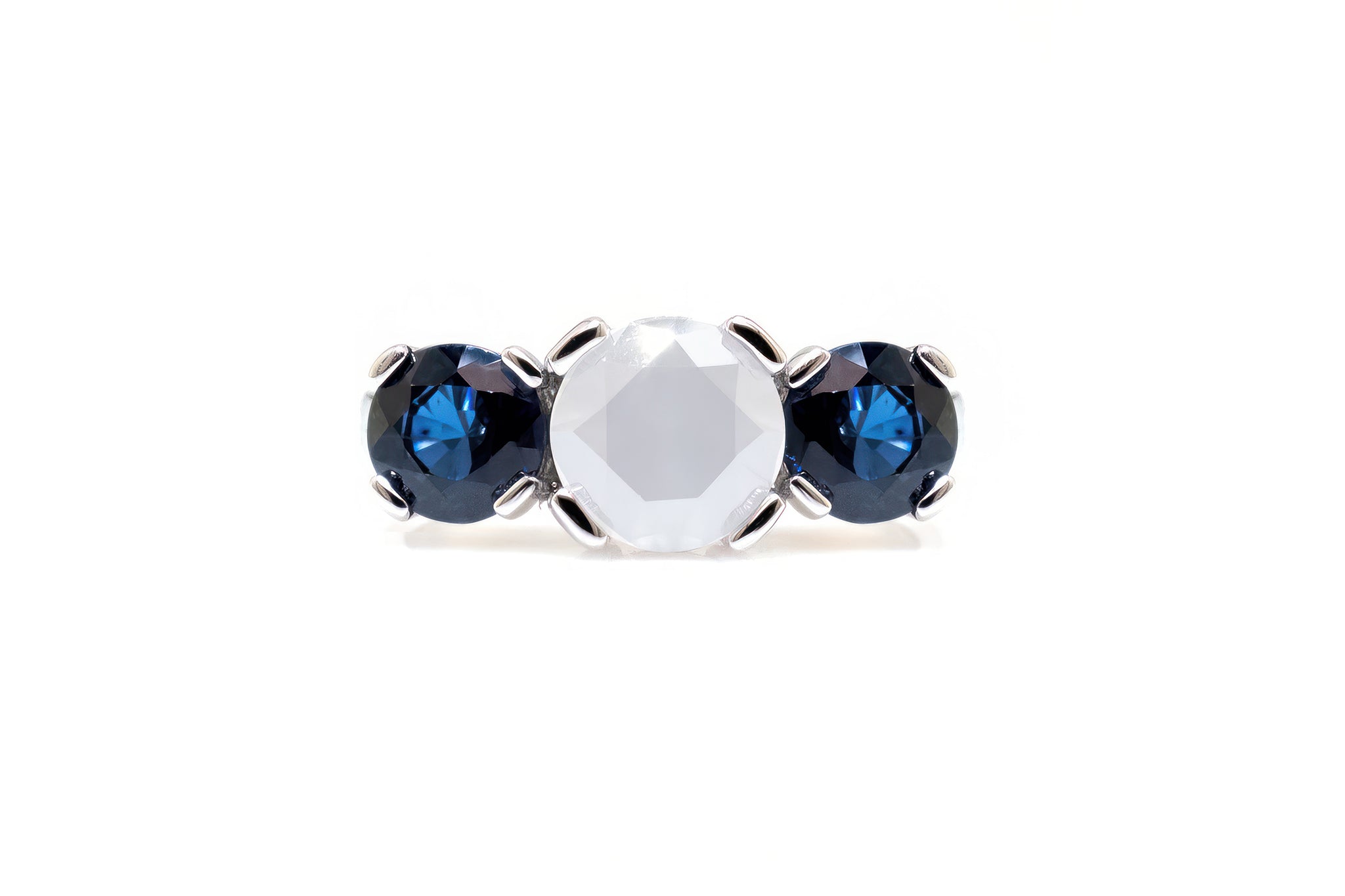 Fancy Colored White Diamond & Sapphire Three Stone Ring - S. Kind & Co