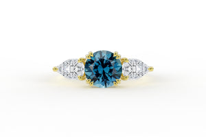 Three Stone Montana Sapphire Ring with Pear Diamond Side Stones - S. Kind & Co